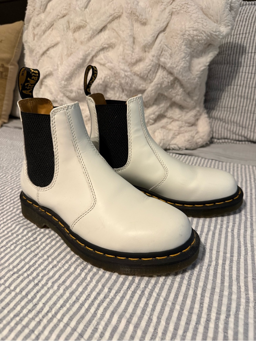 Dr. Martens White Chelsea Boots with Black Elastic and Yellow Stitching